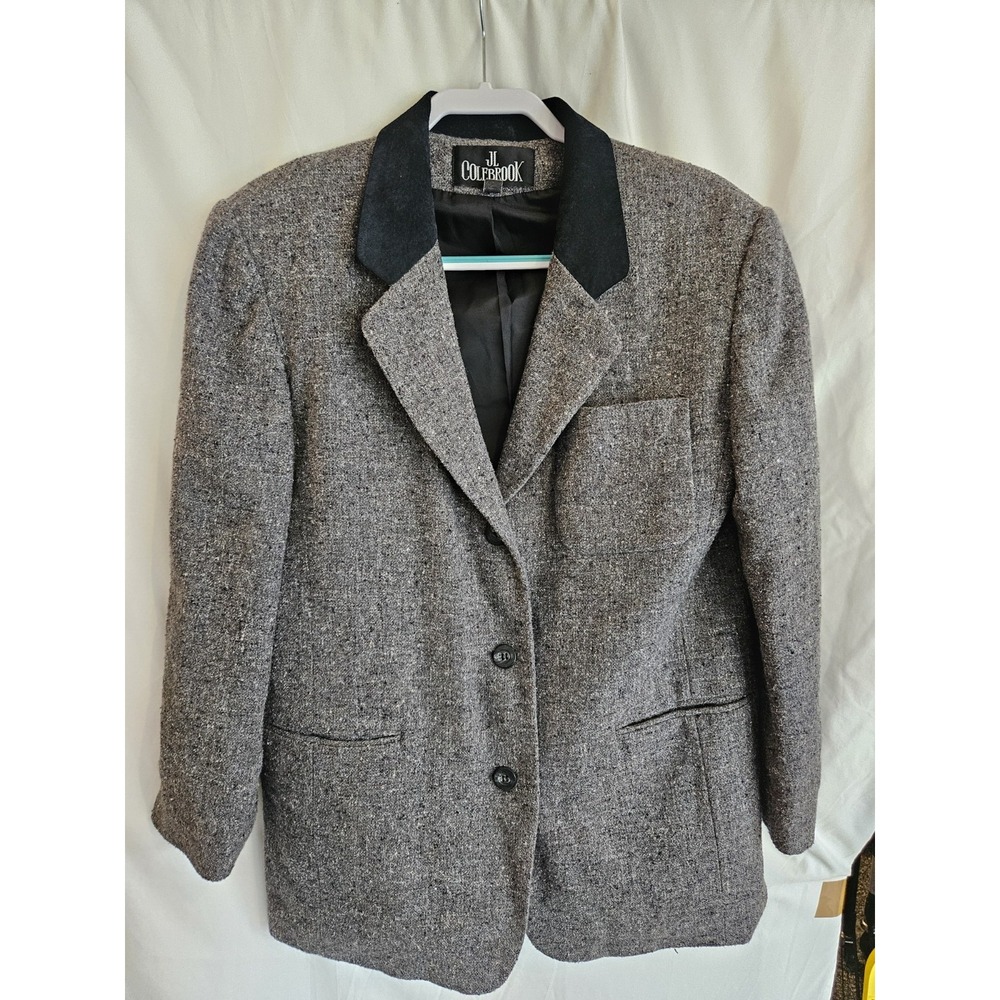 Vintage JL Colebrook Womens M Gray Tweed Blazer Black Collar Academia 90s